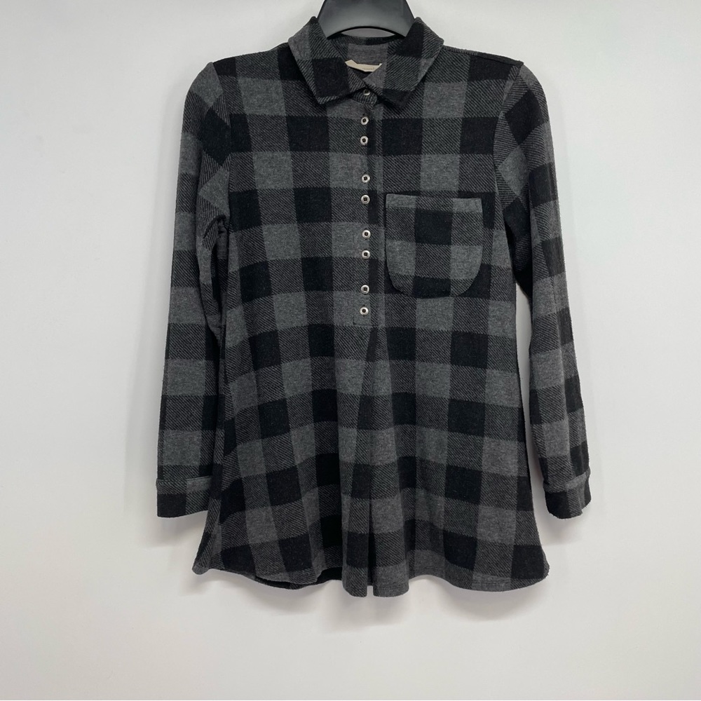 Soft Surroundings Women’s PXS  Fleece Top Roll Tab Sleeve plaid tunic top - Picture 2 of 8